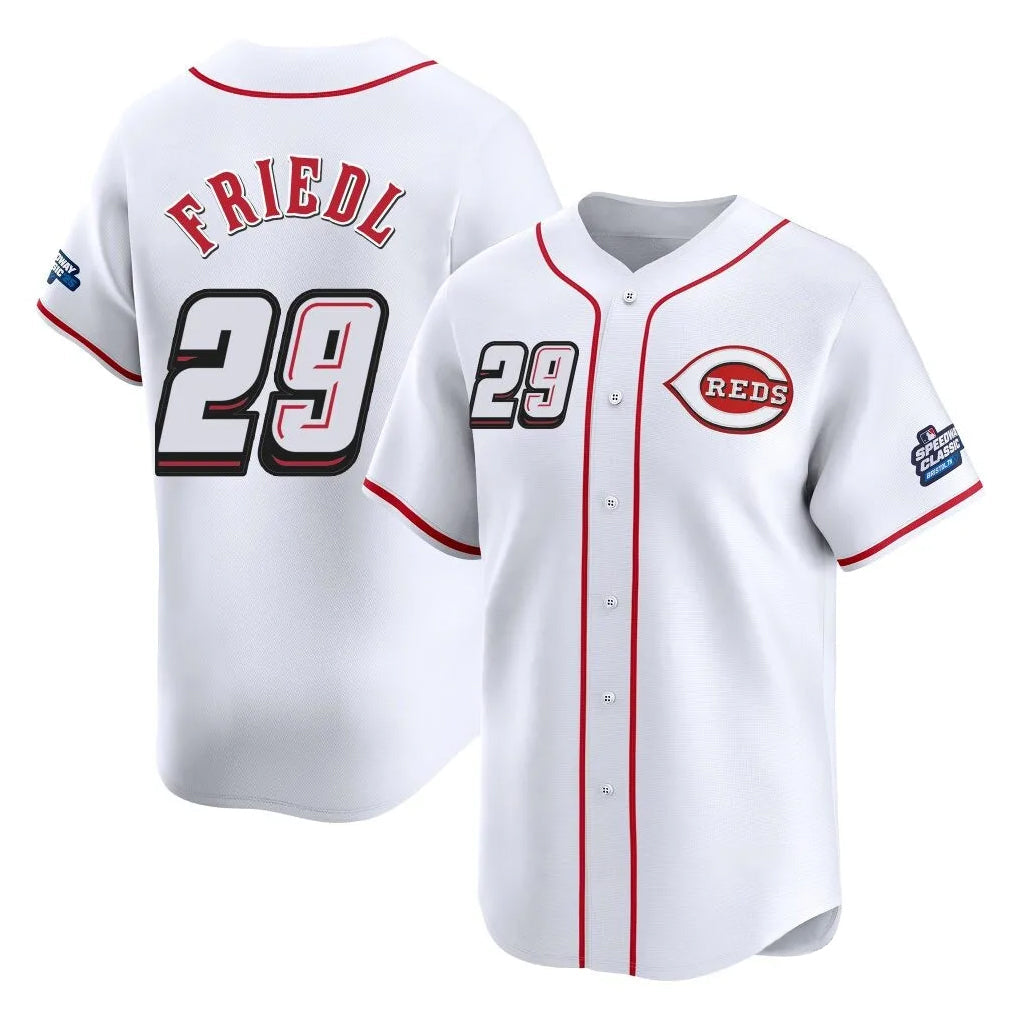 Cincinnati Reds #29 TJ Friedl Player White Speedway Classic Home Limited Stitched Baseball Jersey