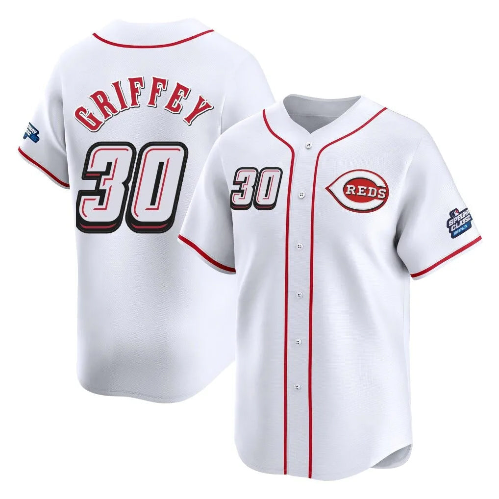 Cincinnati Reds #30 Ken Griffey Player White Speedway Classic Home Limited Stitched Baseball Jersey