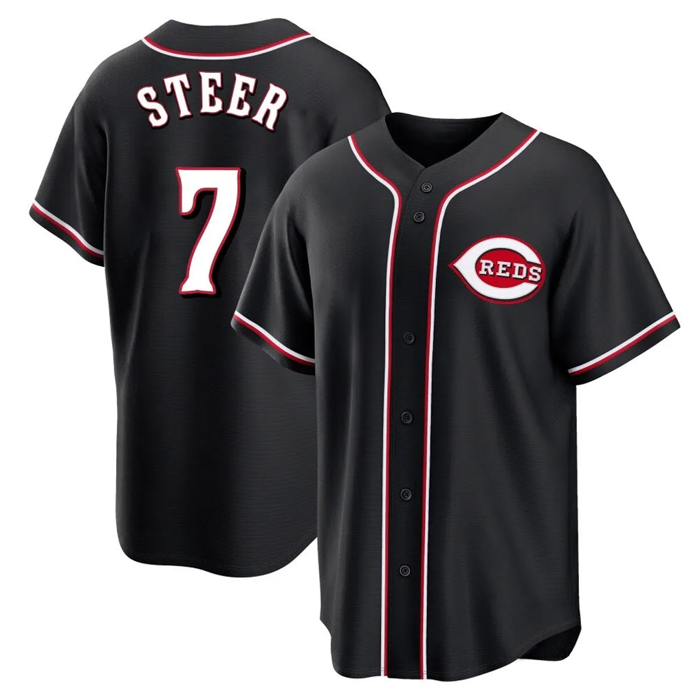 Cincinnati Reds #7 Spencer Steer Player Black Fashion Out Home Game Stitched Baseball Jersey