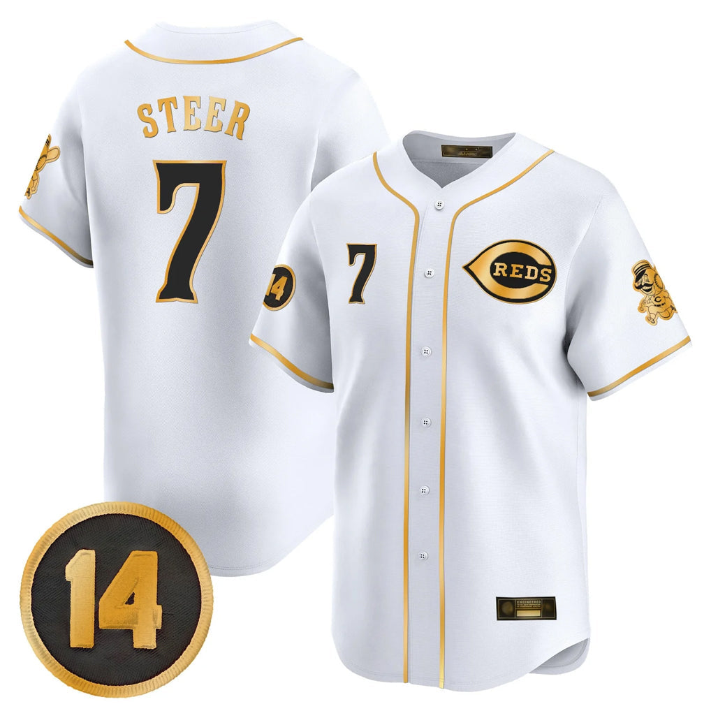 Cincinnati Reds #7 Spencer Steer Player White-Gold Vapor Premier Limited Home Stitched Baseball Jersey