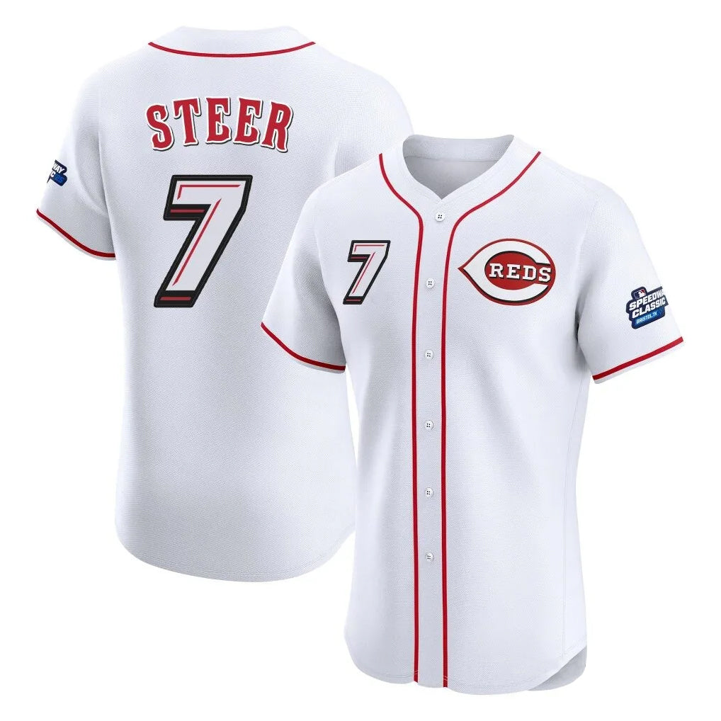 Cincinnati Reds #7 Spencer Steer Player White Speedway Classic Limited Elite Home Stitched Baseball Jersey