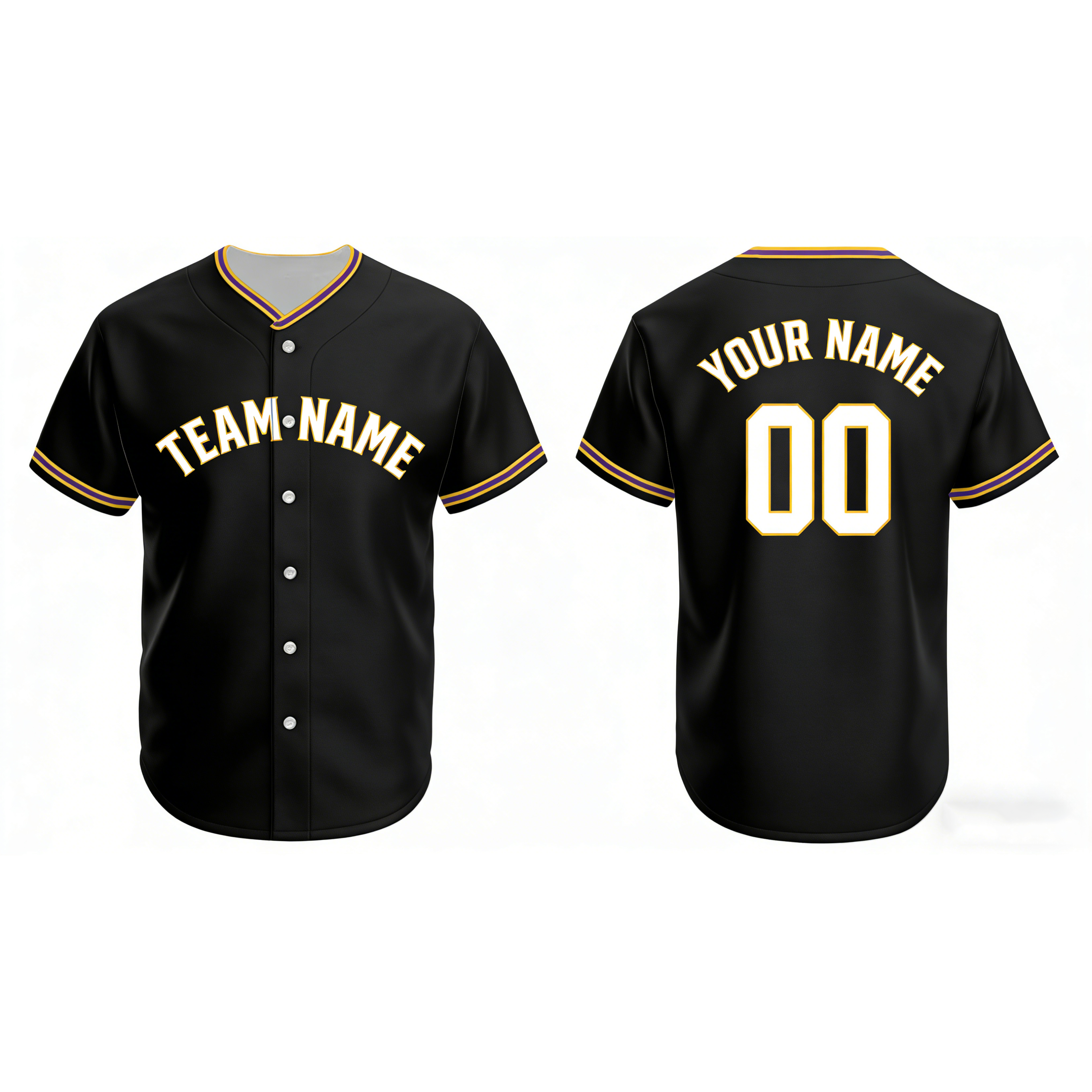 Custom Baseball Jersey Black With Yellow Purple Yellow Piping- Design Your Own Stitched Jerseys