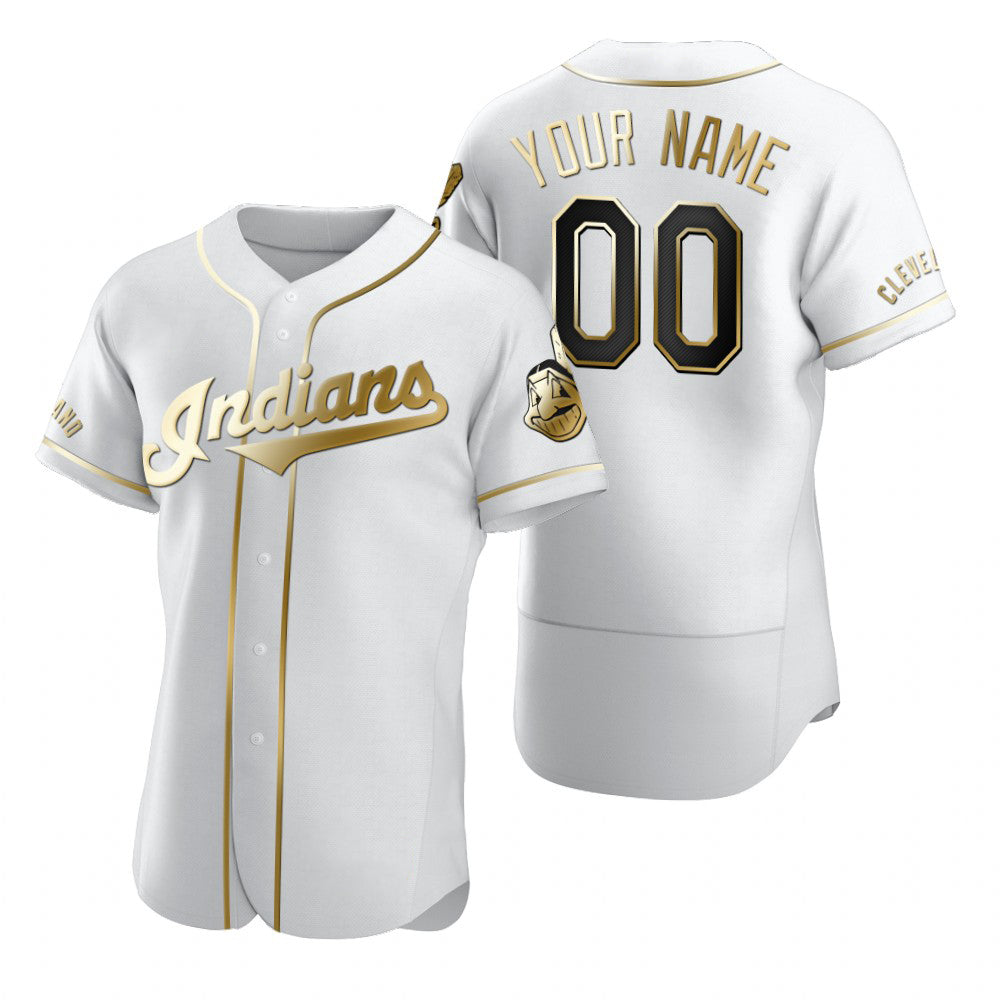 Custom Cleveland Indians White Stitched Flex Base Golden Edition Baseball Jersey