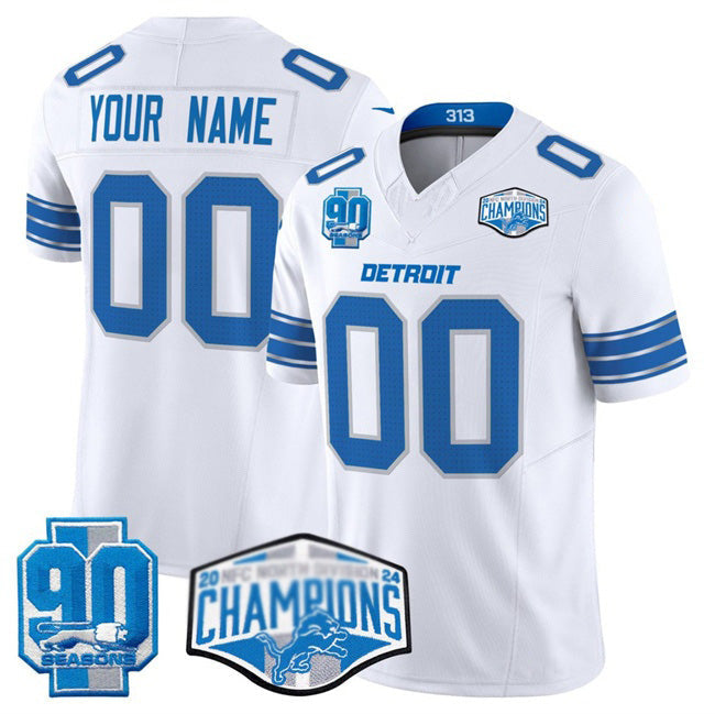 Custom D.Lions Active Player White 2024 NFC North Champions 90th Anniversary Patch F.U.S.E. Vapor Limited Stitched Football American Jersey