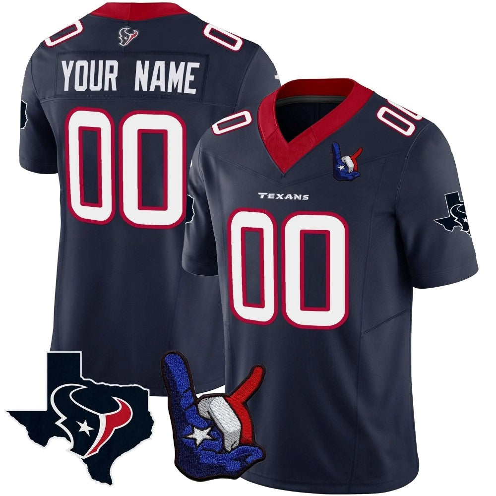 Custom Houston Texans Navy Hand Sign Throwing Up The H Limited Stitched Football Jersey