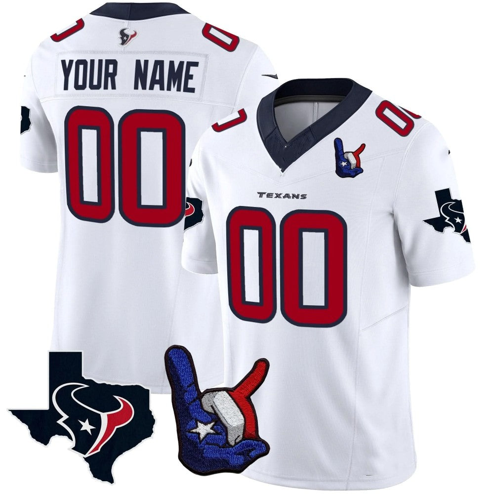 Custom Houston Texans White Hand Sign Throwing Up The H Limited Stitched Football Jersey