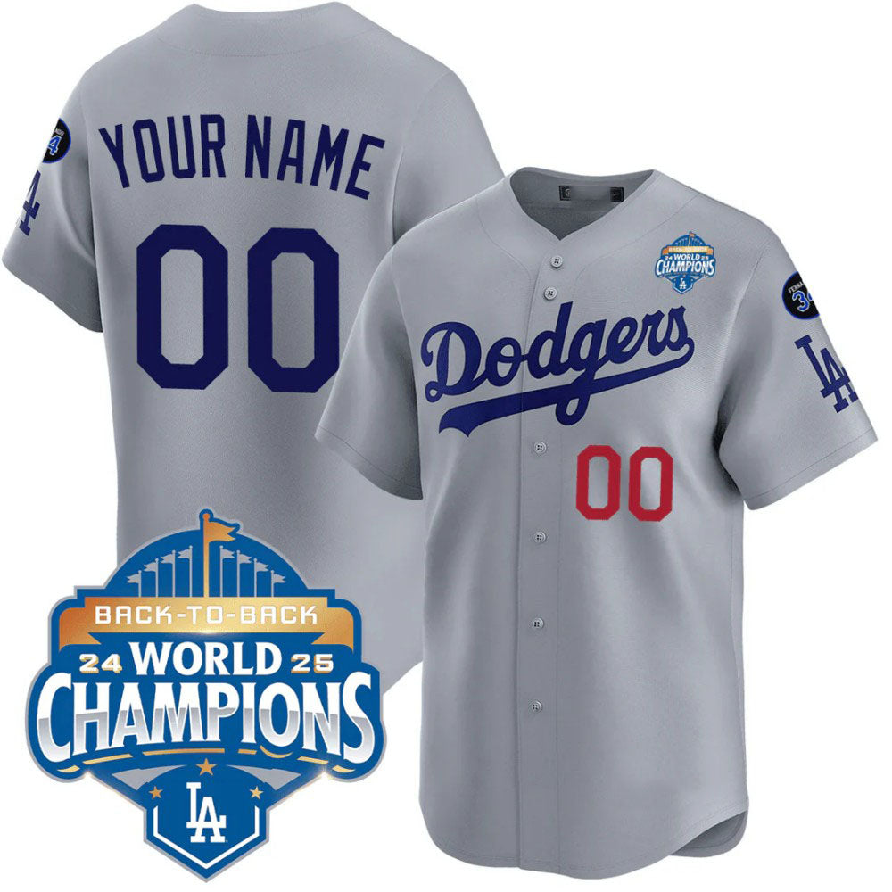 Custom Los Angeles Dodgers Gray 2025 Back-To-Back World Series Collection Stadium Jersey