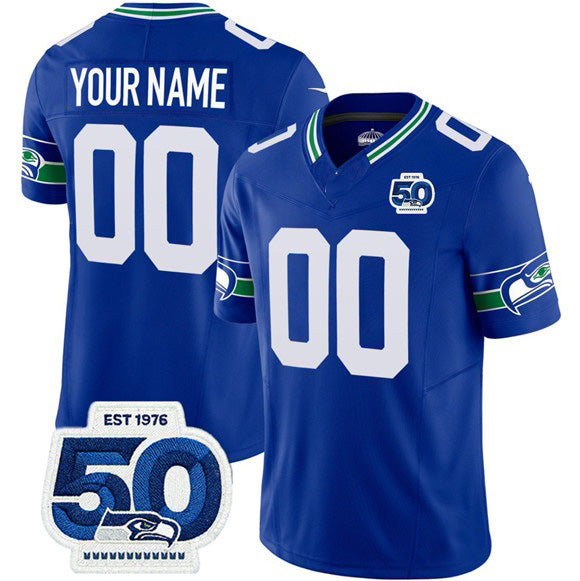 Custom S.Seahawks Active Player Royal 2025 F.U.S.E 50th Anniversary Patch Throwback Vapor Limited Stitched Football Jersey Marou