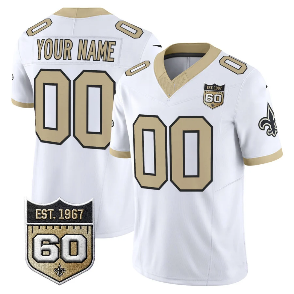 Custom New Orleans Saints White Alternate Gameday Golds 60th Anniversary Patch Vapor Football Stitched Jersey
