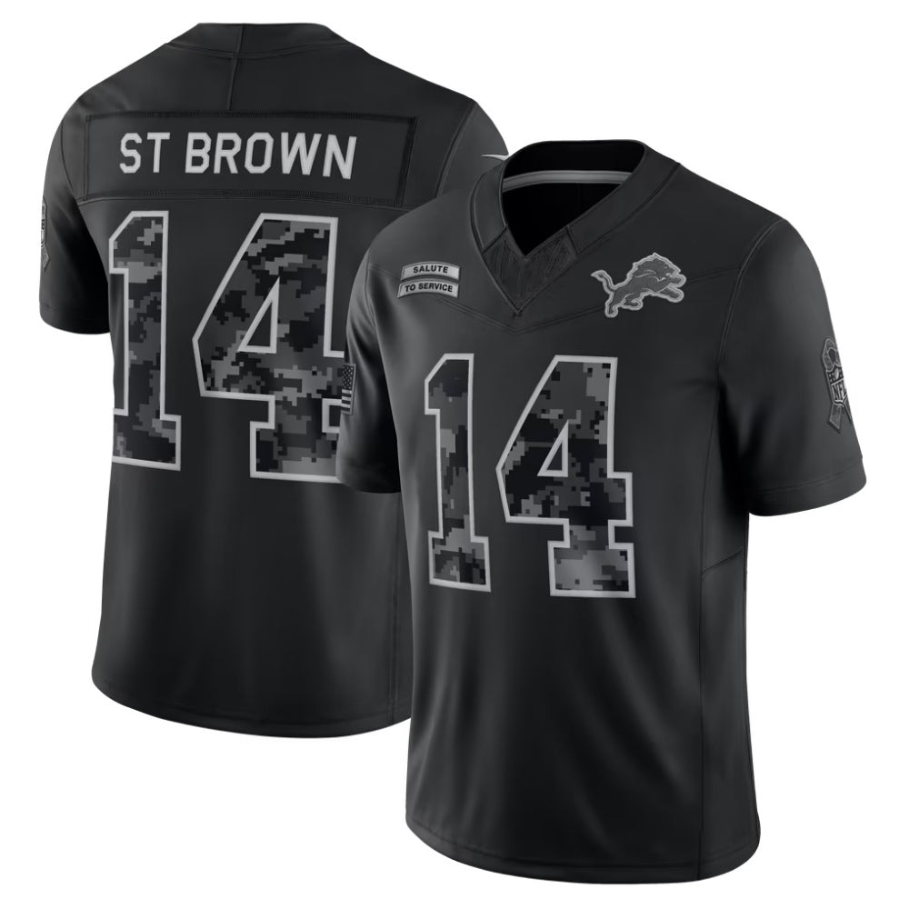 D.Lions #14 Amon-Ra St. Brown Black 2026 Salute to Service Stitched Limited Football Jersey