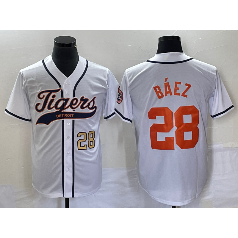 Detroit Tigers #28 Javier Baez Number White Cool Base Stitched Baseball Jersey