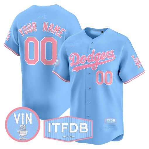 Dodgers Vin ITFDB Patch Bubblegum Pink Vapor Premier Limited Custom Jersey ¨C Blue Baseball Jersey
