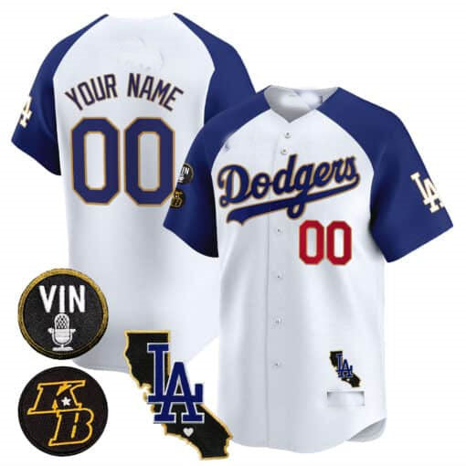 Dodgers Vin Patch & Kobe Bryant Gold Trim Vapor Premier Limited Custom Jersey V2 ¨C White Baseball Jersey