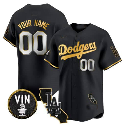 Dodgers Vin & California Patch Gold Trim Vapor Premier Limited Custom Jersey ¨C All Stitched-Black Baseball Jersey