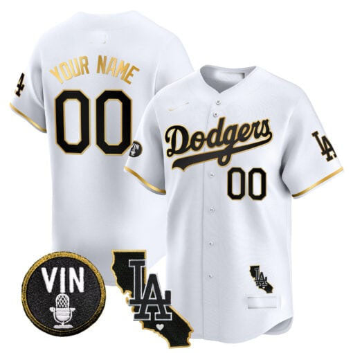 Dodgers Vin & California Patch Gold Trim Vapor Premier Limited Custom Jersey ¨C White Gold Baseball Jersey