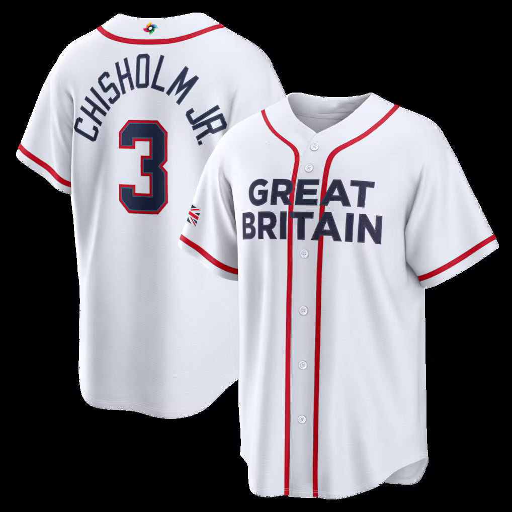 Great Britain Baseball #3 Jazz Chisholm Jr. 2026 World Baseball Classic Home Stadium Baseball Jersey - White