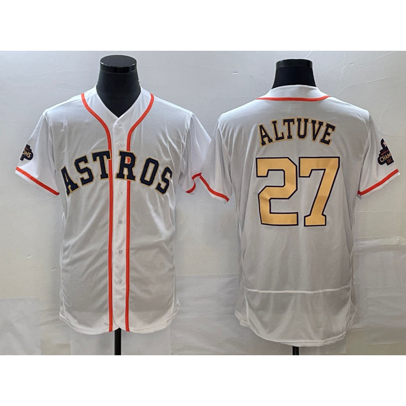 Houston Astros #27 Jose Altuve 2023 White Gold World Serise Champions Patch Flex Base Stitched Baseball Jersey