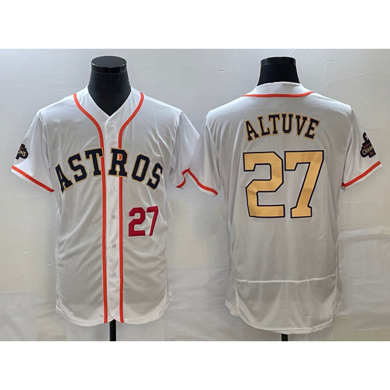 Houston Astros #27 Jose Altuve Number 2023 White Gold World Serise Champions Patch Flex Base Stitched Baseball Jersey