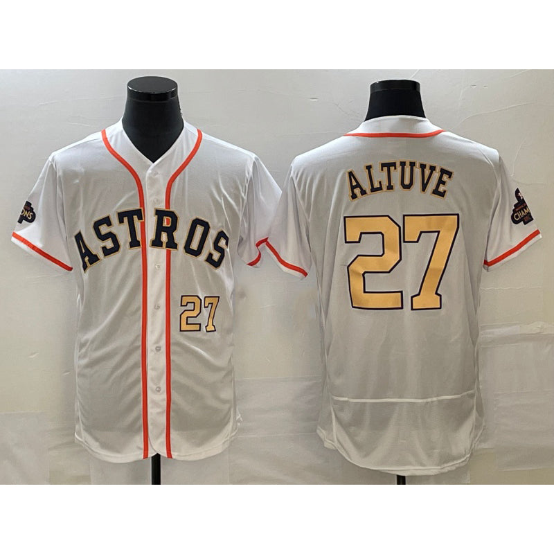 Houston Astros #27 Jose Altuve Number 2023 White Gold World Serise Champions Patch Flex Base Stitched Baseball Jersey