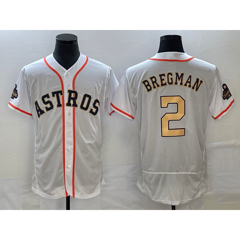 Houston Astros #2 Alex Bregman 2023 White Gold World Serise Champions Patch Flex Base Stitched Baseball Jersey