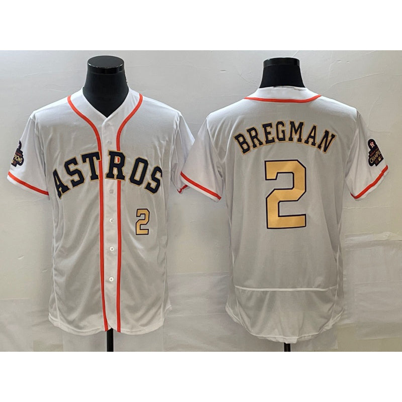 Houston Astros #2 Alex Bregman Number 2023 White Gold World Serise Champions Patch Flex Base Stitched Baseball Jersey