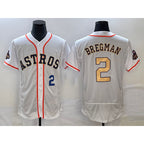 Houston Astros #2 Alex Bregman Number 2023 White Gold World Serise Champions Patch Flex Base Stitched Baseball Jersey