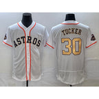 Houston Astros #30 Kyle Tucker 2023 White Gold World Serise Champions Patch Flex Base Stitched Baseball Jersey