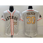Houston Astros #30 Kyle Tucker Number 2023 White Gold World Serise Champions Patch Flex Base Stitched Baseball Jersey