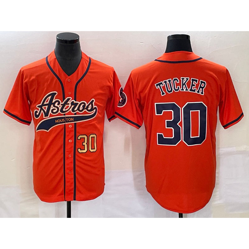 Houston Astros #30 Kyle Tucker Number Orange With Patch Cool Base Stitched Baseball Jersey