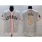 Houston Astros #3 Jeremy Pena 2023 White Gold World Serise Champions Patch Flex Base Stitched Baseball Jersey