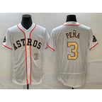 Houston Astros #3 Jeremy Pena Number 2023 White Gold World Serise Champions Patch Flex Base Stitched Baseball Jersey