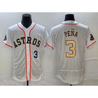 Houston Astros #3 Jeremy Pena Number 2023 White Gold World Serise Champions Patch Flex Base Stitched Baseball Jersey