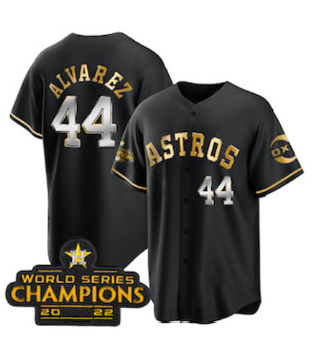 Houston Astros #44 Yordan Alvarez Black Gold 2022 World Serise Champions Patch Stitched Baseball Jersey