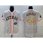 Houston Astros #44 Yordan Alvarez Number 2023 White Gold World Serise Champions Patch Flex Base Stitched Baseball Jersey