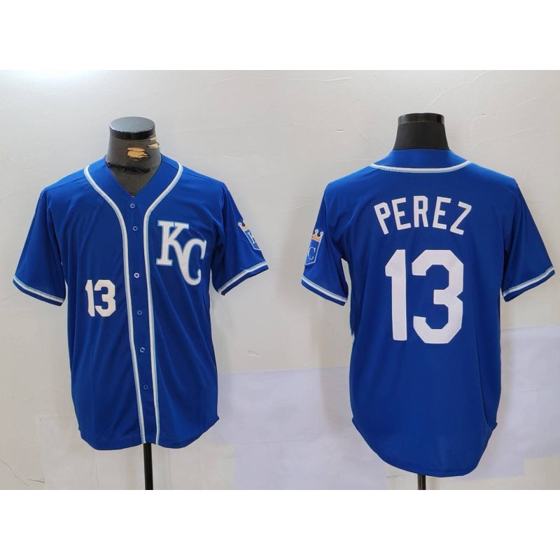 Kansas City Royals #13 Salvador Perez Number Blue KC Cool Base Stitched Baseball Jersey
