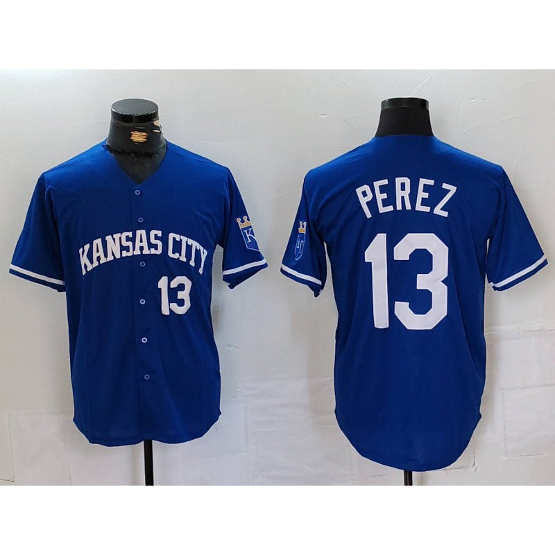 Kansas City Royals #13 Salvador Perez Number Royal Cool Base Stitched Baseball Jersey