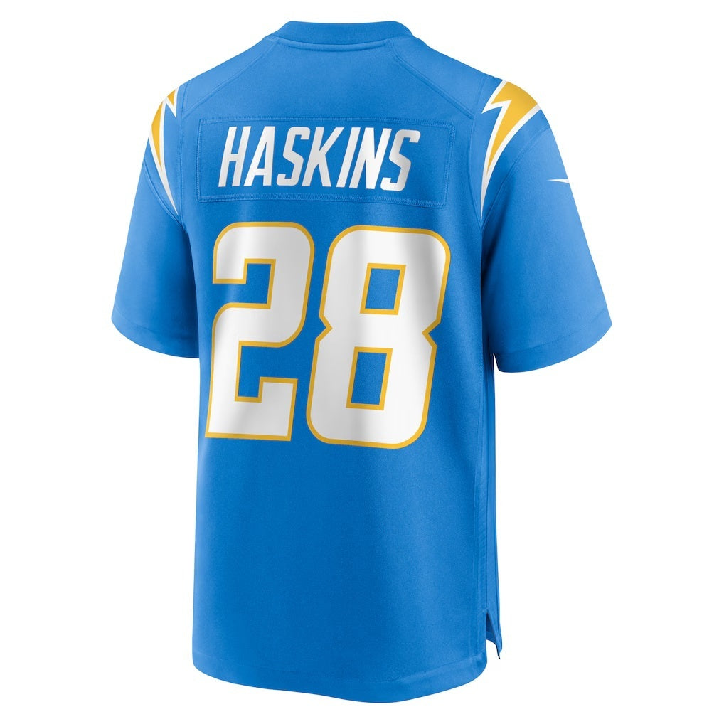 LA.Chargers #28 Hassan Haskins Powder Blue Team Game Football Jersey Marou