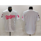 Los Angeles Dodgers Team Big Logo White Pink Vin & Kobe Patch Stitched Baseball Jersey