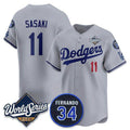 Los Angeles Dodgers #11 Rōki Sasaki Gray 2025 World Series With No. 34 Patch Limited Stitched Baseball Jersey