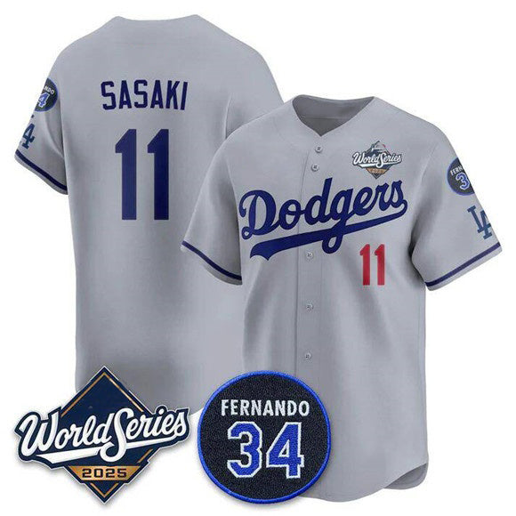Los Angeles Dodgers #11 Rōki Sasaki Gray 2025 World Series With No. 34 Patch Limited Stitched Baseball Jersey