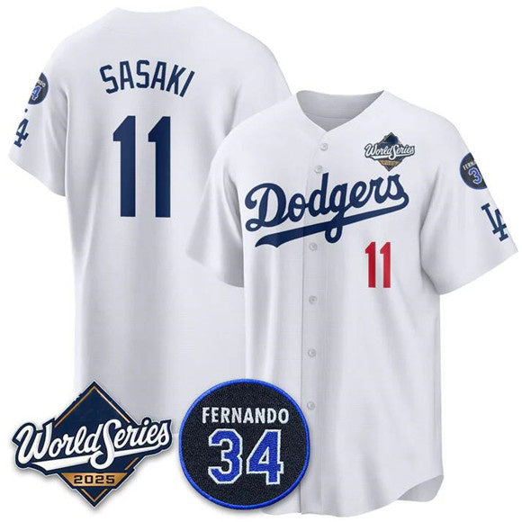 Los Angeles Dodgers #11 R¨­ki Sasaki White 2025 World Series With No. 34 Patch Limited Stitched Baseball Jersey