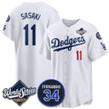 Los Angeles Dodgers #11 R¨­ki Sasaki White 2025 World Series With No. 34 Patch Limited Stitched Baseball Jersey