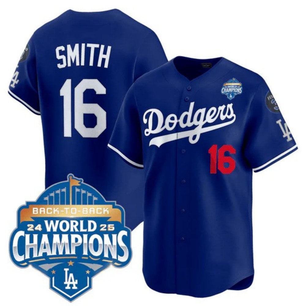 Los Angeles Dodgers #16 Will Smith Royal 2025 Back-To-Back World Series Champions Jersey