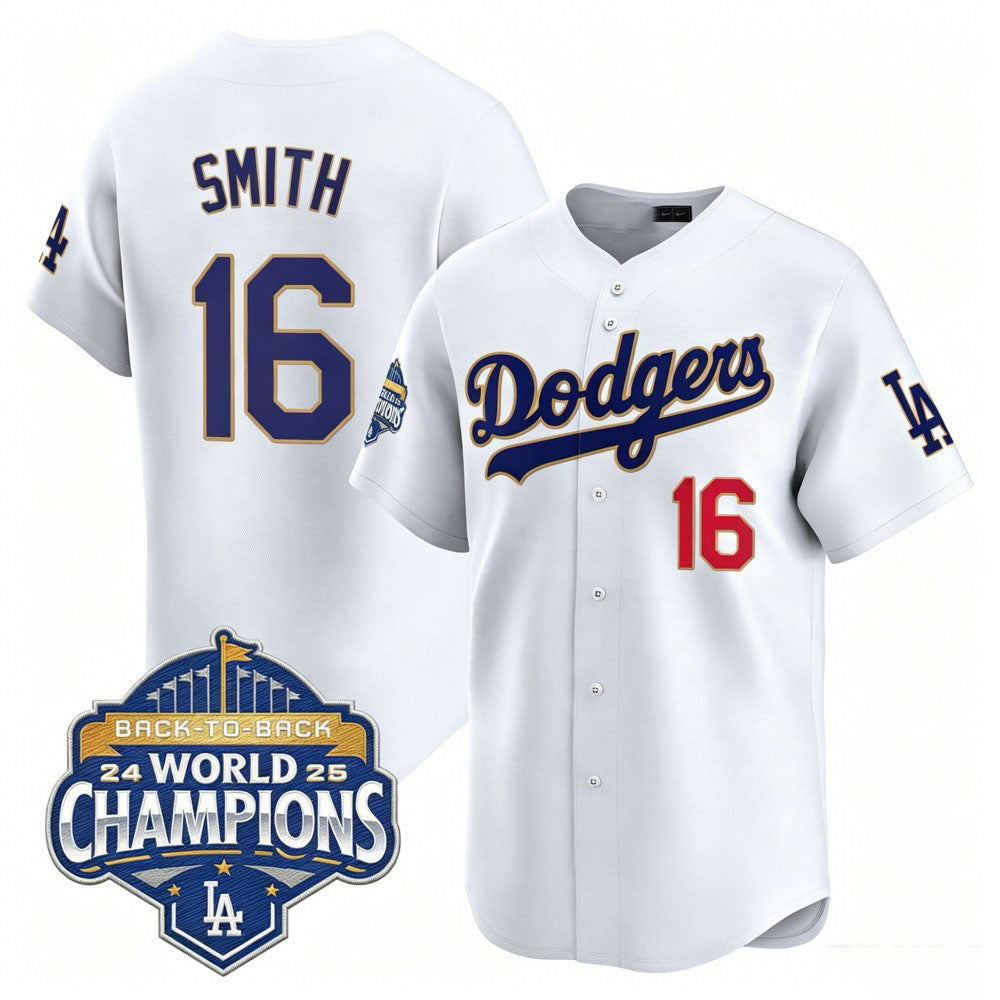 Los Angeles Dodgers #16 Will Smith White 2025 Back-To-Back World Series Champions Gold Collection Stadium Jersey