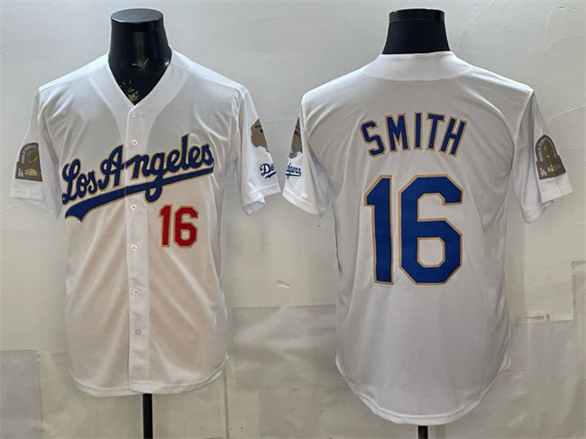 Los Angeles Dodgers #16 Will Smith White 2026 Gold Collection 9x & B2B Champs Patch Stitched Baseball Jersey