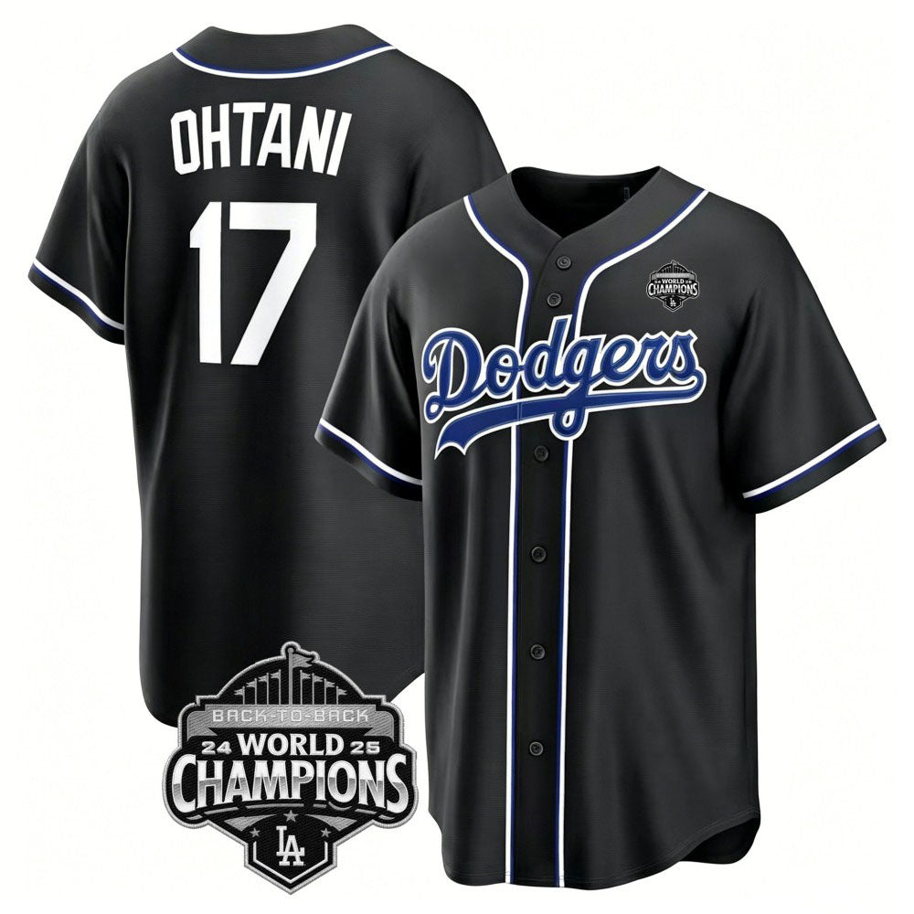 Los Angeles Dodgers #17 Shohei Ohtani Fashion Replica Black Out 2025 Back To Back World Series Champions Jersey