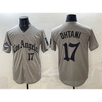 Los Angeles Dodgers #17 Shohei Ohtani Grey LA Gothic Style With 2025 World Series Champions Patch Limited Stitched Baseball Jersey