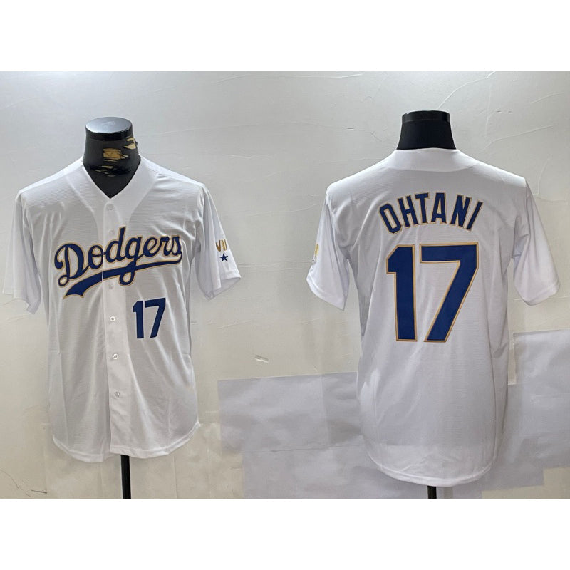 Los Angeles Dodgers #17 Shohei Ohtani Number White Gold Championship Stitched Cool Baseball Jerseys