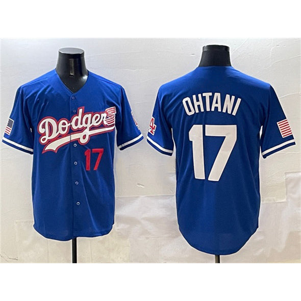 Los Angeles Dodgers #17 Shohei Ohtani Royal With American Flag Patch Limited Stitched Baseball Jersey