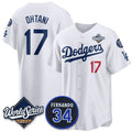 Los Angeles Dodgers #17 Shohei Ohtani White 2025 World Series With No. 34 Patch Limited Stitched Baseball Jersey